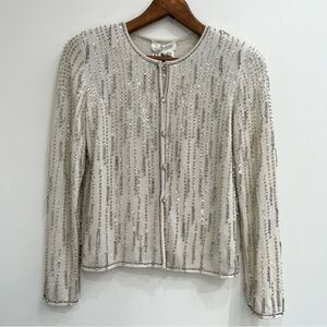 ESCADA Vintage Ivory Dangling Beaded Cardigan & Shell Sweater Set Wool 34 Small